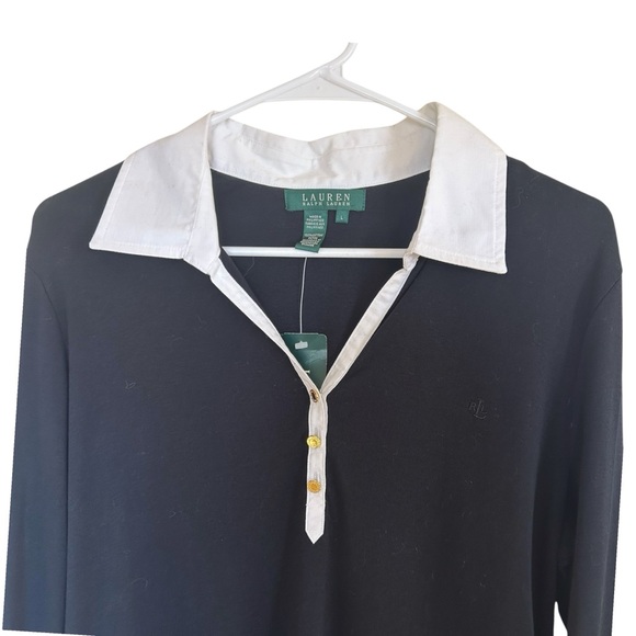 NWT Lauren RL Black and White 3/4 Sleeve Polo Blouse Lg Academia Preppy - Picture 3 of 7